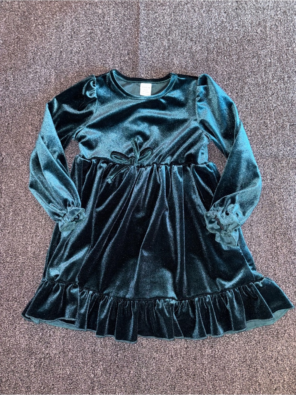 SHEIN Emerald Velvet Long Sleeve Ruffle Hem Dress